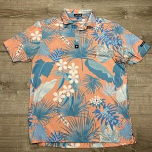 Bad‎ Birdie Polo Shirt Mens Medium Peach Blue Tropical Floral Golf Performance